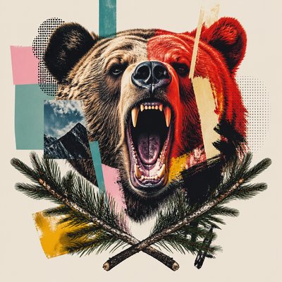 a roaring bear head above crossed pine branches, bold graphic composition on a plain background, no text
