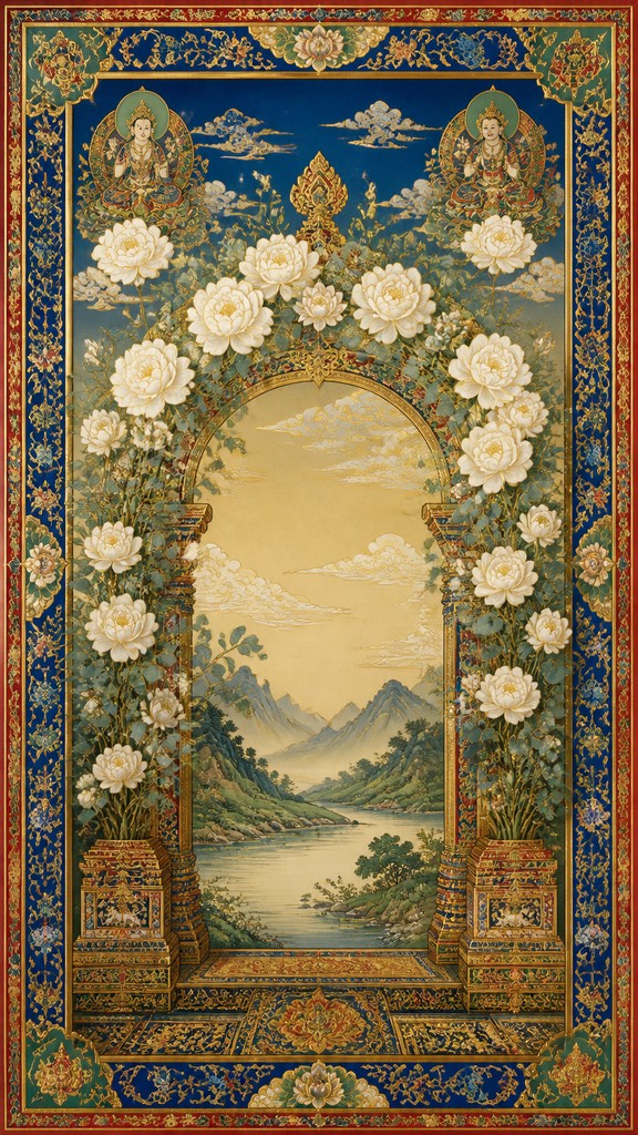 an arch of white roses and eucalyptus in soft morning light, elegant vertical composition with open space, no text