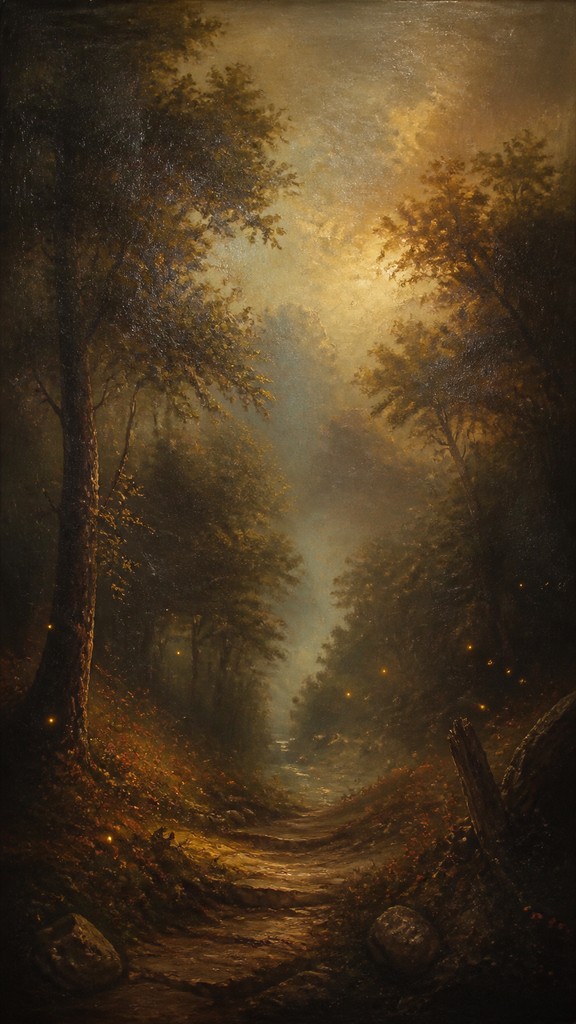 a mysterious forest path with fireflies and drifting mist, atmospheric vertical composition with open space at the top, no text