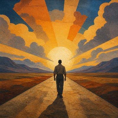 a solitary figure walking toward a glowing horizon across an empty plain, moody atmosphere, no text or lettering