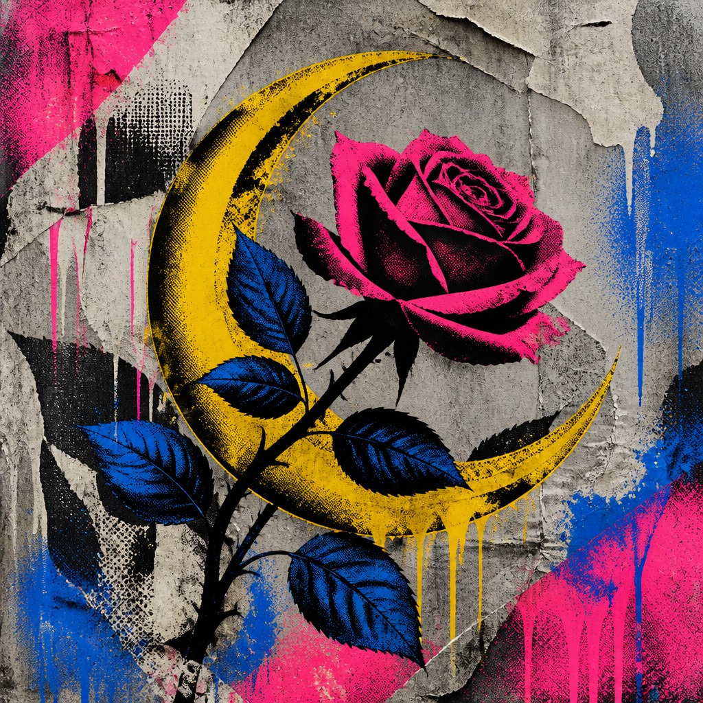 a rose entwined with a crescent moon, clean balanced composition on a plain background, no text