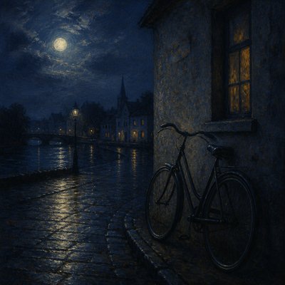 bicyle resting against a wall — Nocturne Painting Style