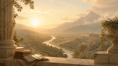 a vast valley with a river winding toward distant mountains at sunrise, no people, no text