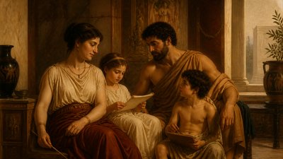 ancient greek family in their home