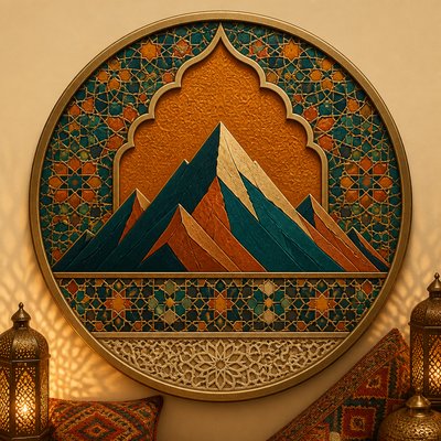 an emblem of a mountain peak inside a circle, simple bold shapes on a plain background, no text or lettering