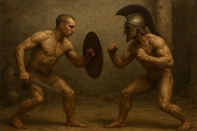 a painting of two men fighting each other