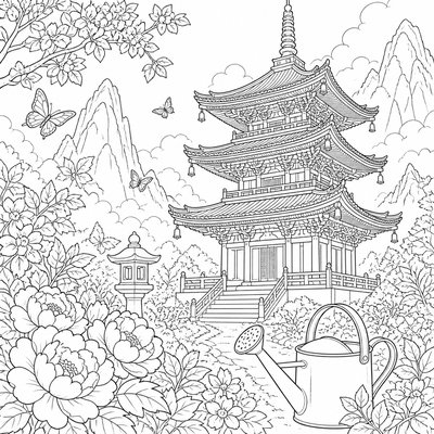 a garden scene with butterflies, flowers and a watering can, clean uncolored line art, no text