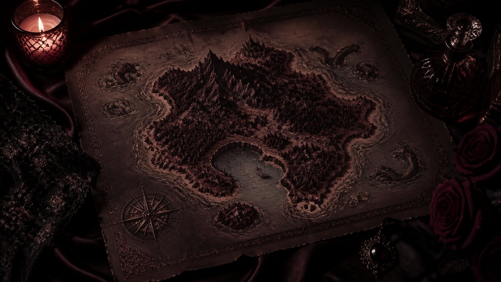 a map of an island realm with mountains, forests, a sheltered bay, sea monsters in the water and a compass rose, no text labels