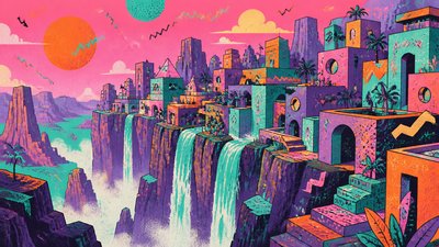 a cliffside city with waterfalls cascading into a misty canyon, wide establishing shot, no people, no text