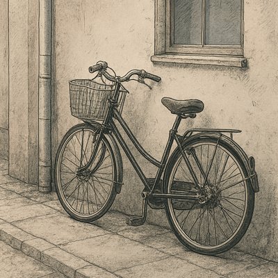 bicyle resting against a wall