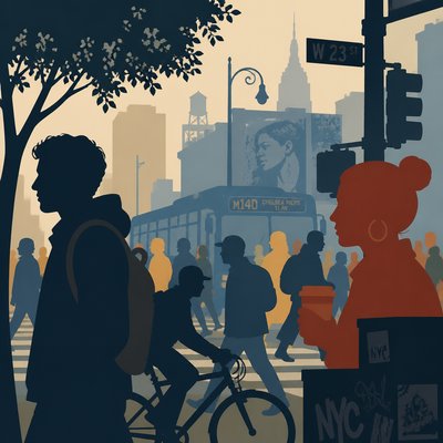 urban street with city activity — Overlapping Art Style