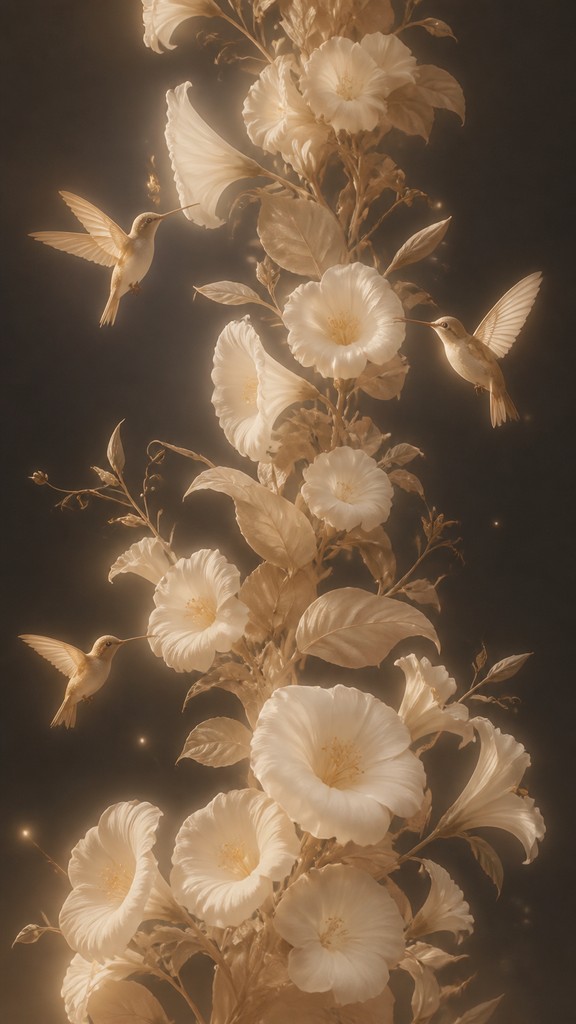 a climbing vine of flowers and hummingbirds on a dark background, tall wrapping composition, no text