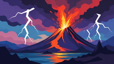 an erupting volcano with lightning strikes, dramatic wide composition, no text