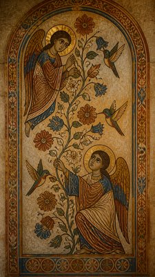 a climbing vine of flowers and hummingbirds on a dark background, tall wrapping composition, no text