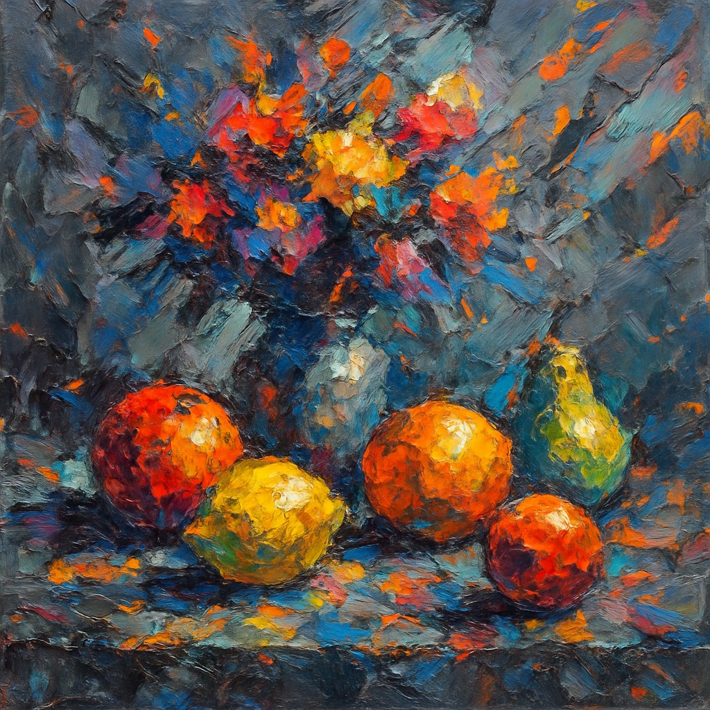 still life arrangement of fruits and flowers