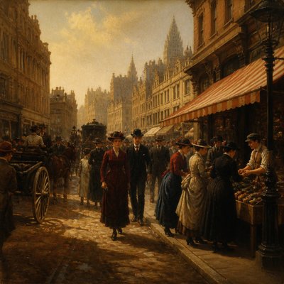 urban street with city activity — Classical Realism Art Style