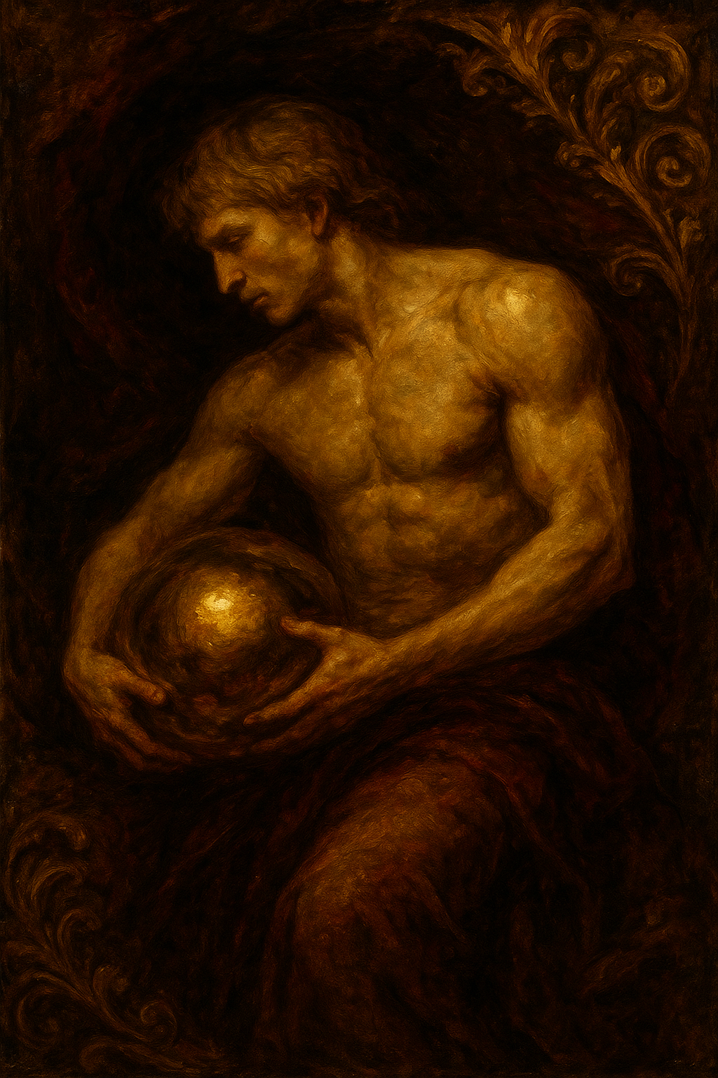 a painting of a man holding an apple
