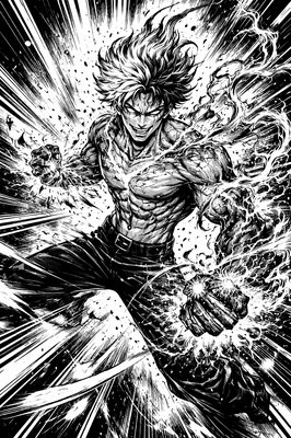 a black and white drawing of a man running through water