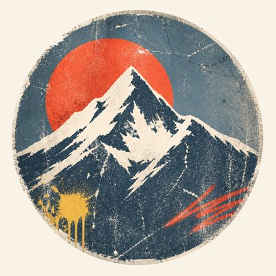 an emblem of a mountain peak inside a circle, simple bold shapes on a plain background, no text or lettering