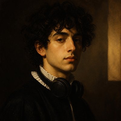 head-and-shoulders portrait of an original character: a young man with curly dark hair and headphones around his neck, plain backdrop, no text