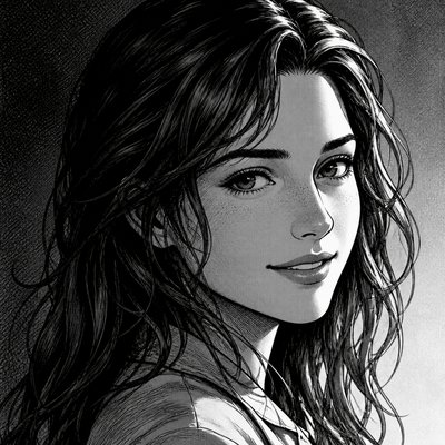 head-and-shoulders portrait of an original character: a young woman with wavy chestnut hair and a warm smile, plain soft backdrop