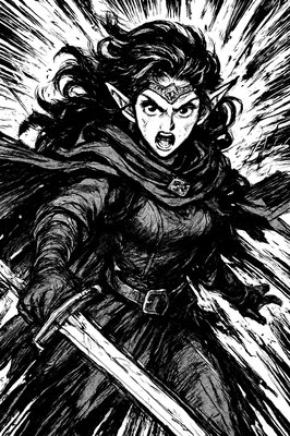 a black and white drawing of a woman holding a sword