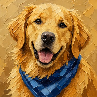portrait of a golden retriever wearing a blue bandana, warm plain backdrop, no text