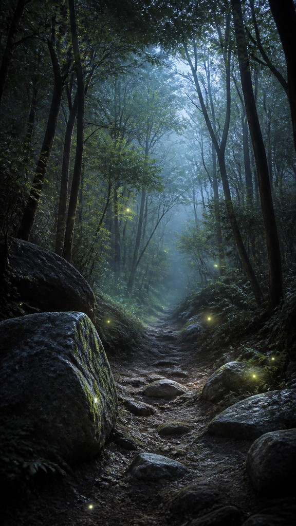 a mysterious forest path with fireflies and drifting mist, atmospheric vertical composition with open space at the top, no text
