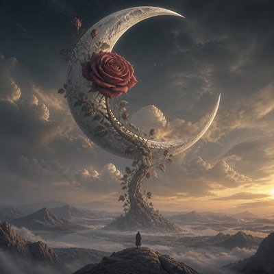 a rose entwined with a crescent moon, clean balanced composition on a plain background, no text