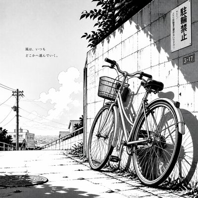 bicyle resting against a wall — Manga Art Style