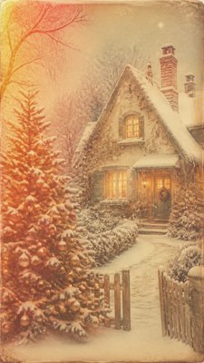 a snow-covered cottage with warm glowing windows beside a decorated pine tree, gentle snowfall, no text