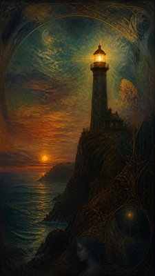 a lone lighthouse on a cliff at dusk under a dramatic sky, no text or lettering