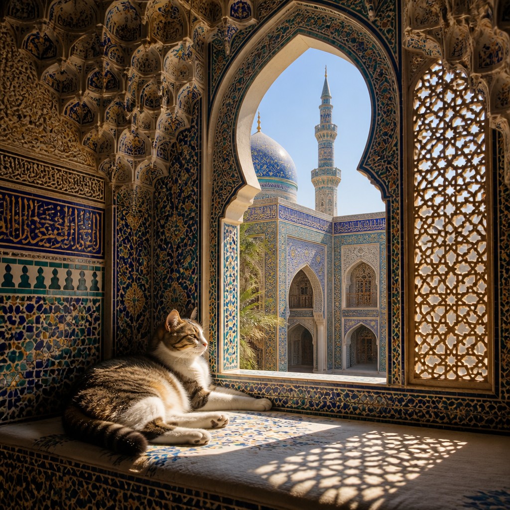 a cat lounging in a sunlit window — Islamic Architecture
