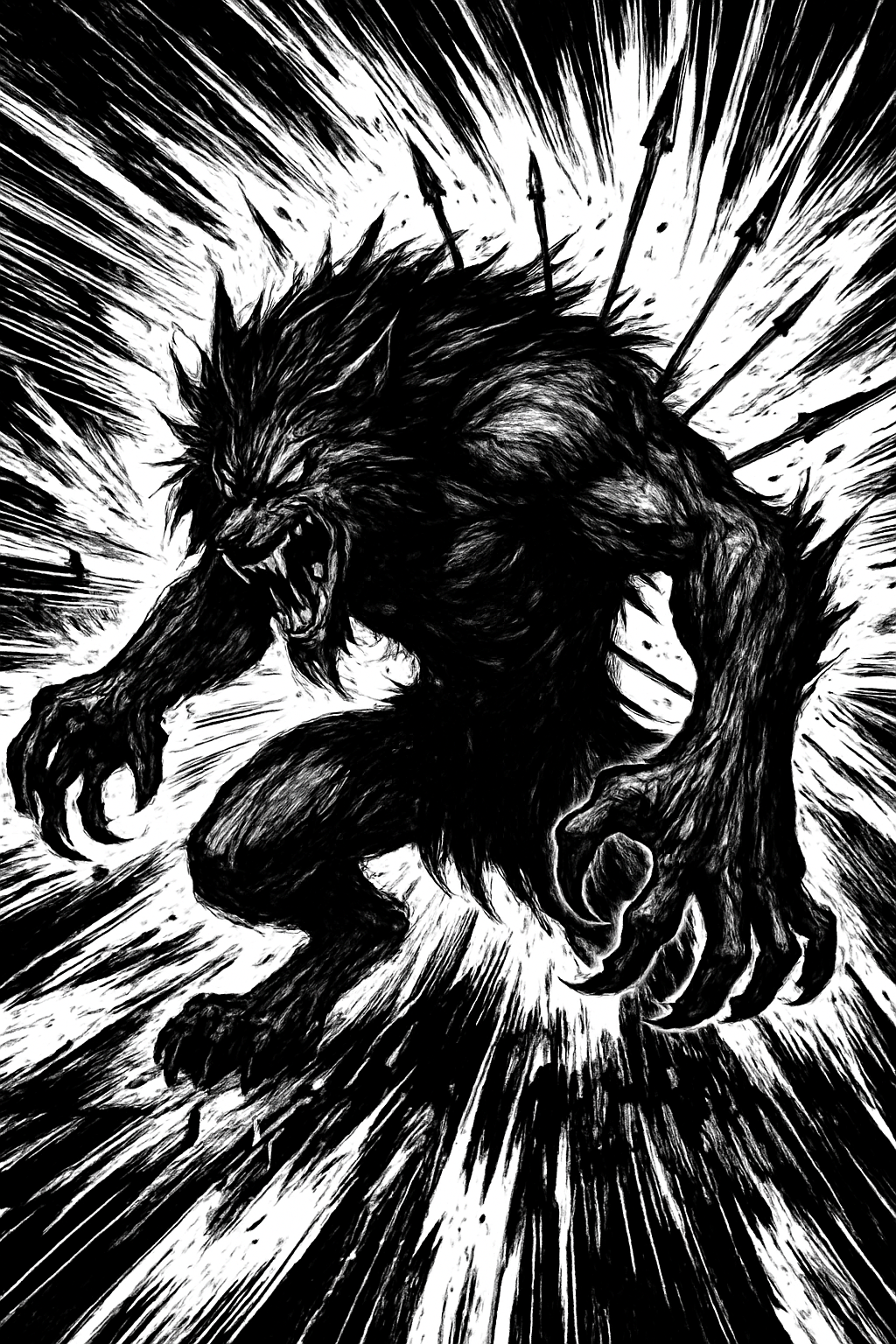 a black and white drawing of a demon