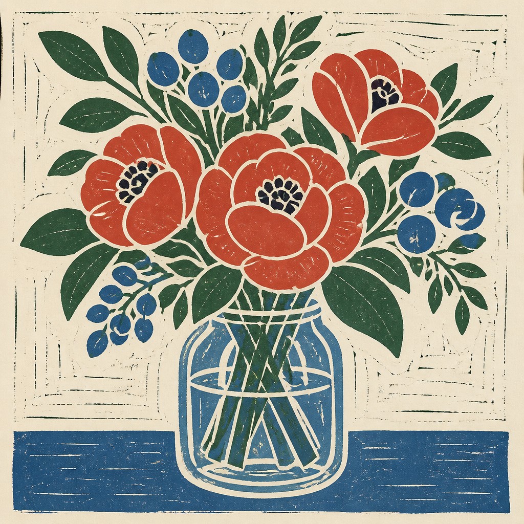 bouquet of flowers in a glass vase — Linocut Print Style