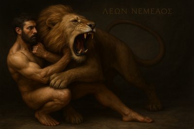 a painting of a man hugging a lion