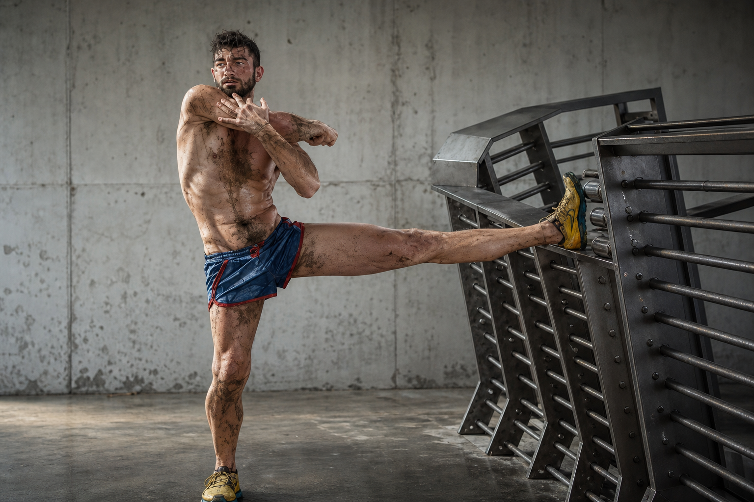 a man with no shirt is kicking a soccer ball