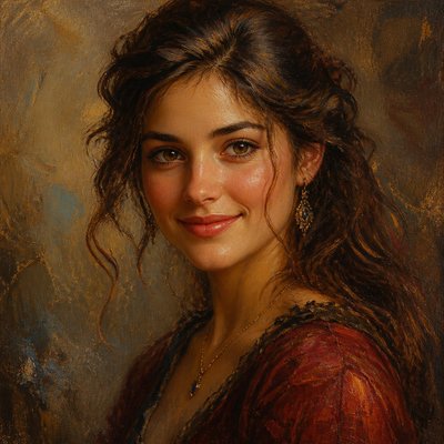 head-and-shoulders portrait of an original character: a young woman with wavy chestnut hair and a warm smile, plain soft backdrop