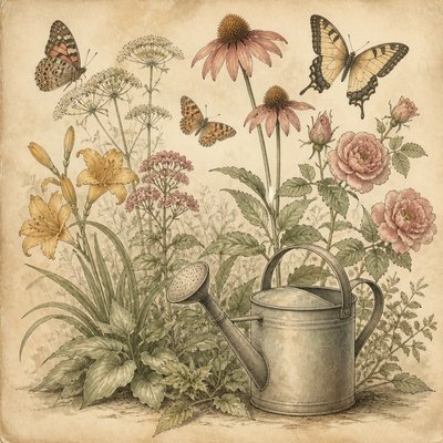 a garden scene with butterflies, flowers and a watering can, clean uncolored line art, no text