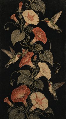 a climbing vine of flowers and hummingbirds on a dark background, tall wrapping composition, no text