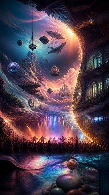 a live music scene with a glowing stage and silhouetted crowd, energetic vertical composition with open space at the top, no text