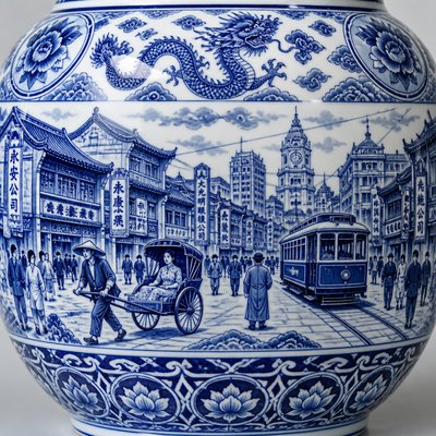 urban street with city activity — Ming Porcelain Art Style