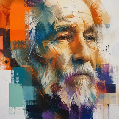 close-up portrait of an elderly person with expressive weathered features