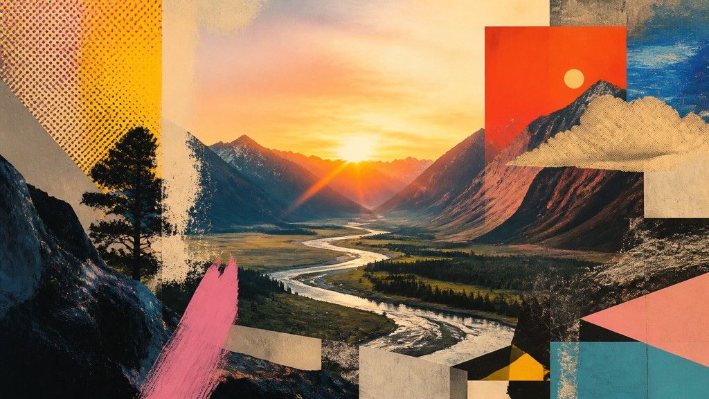 a vast valley with a river winding toward distant mountains at sunrise, no people, no text