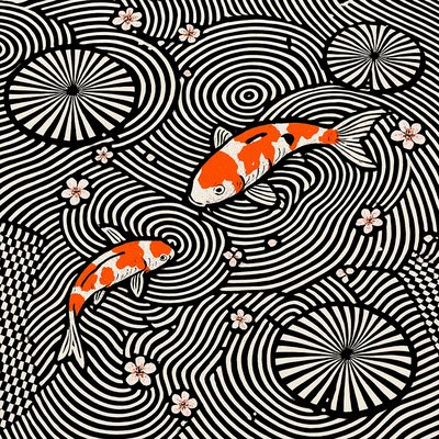 A koi pond seen from above, orange and white koi fish swimming among lily pads, clear water with subtle ripples, fallen cherry blossom petals floating on the surface, dappled sunlight