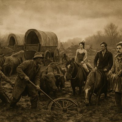 A cinematic, realistic image, set in the desolate, muddy expanse of the Texas Cross Timbers in 1840. The scene captures the return leg of the Chihuahua Traders Trail. Several heavy, wooden Conestoga wagons are hopelessly mired in deep, dark mud, pulled by straining, distressed oxen and mules. Merchants and teamsters in rugged, damp frontier clothing are struggling, using poles and ropes to try and free a wagon wheel.

In stark contrast, a group of bewildered and exasperated American equestrian circus performers, dressed in bright, slightly tattered stage costumes (e.g., a sequined acrobat, a rider in a velvet jacket, a clown attempting to keep his white makeup clean), stand nearby. They are trying to keep their fine horses and props (perhaps a small, colorful tent piece or a drum) out of the worst of the mire. The sky is overcast and oppressive, reflecting the damp, miserable conditions. The overall lighting should be dark and moody, emphasizing the frustrating five-week delay. Wide-angle shot, photorealistic quality, historical accuracy, dark realism.