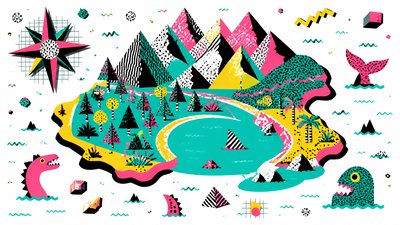 a map of an island realm with mountains, forests, a sheltered bay, sea monsters in the water and a compass rose, no text labels