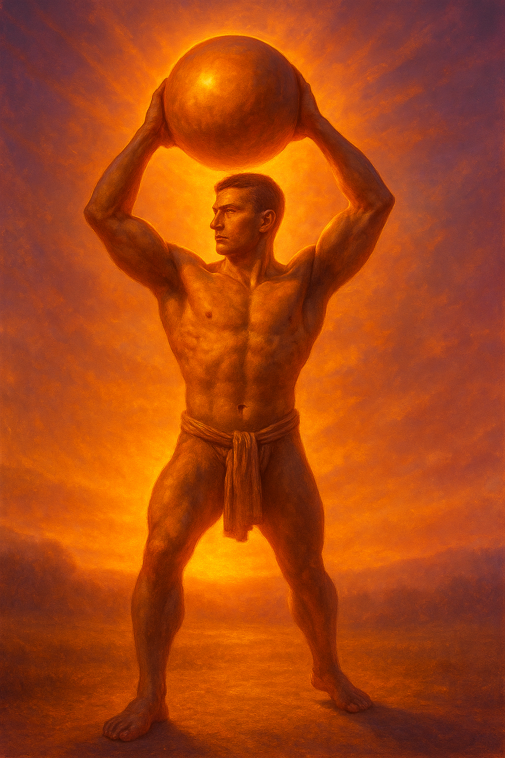 a painting of a man holding a ball over his head