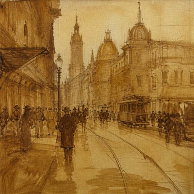 urban street with city activity — Classical Underpainting Style