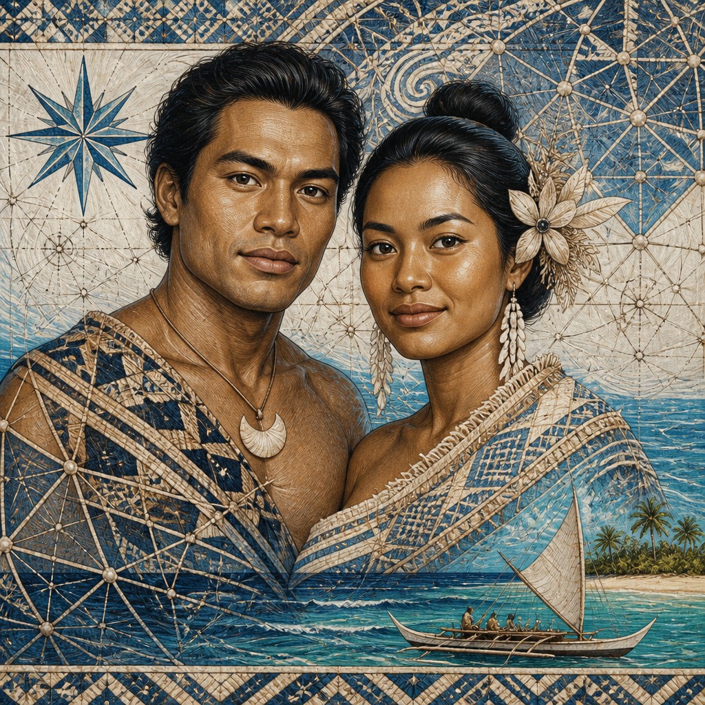 portrait of two people together — Marshallese Art Style